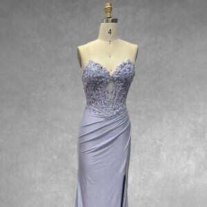 NFS Maxi Strapless Long Floral Dress w/ Sheer Bodice & Lace Up Back AC 7083